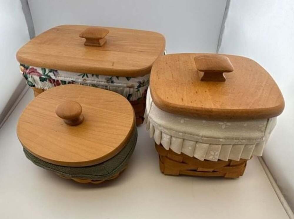 Longaberger Woven Baskets Lot of 3 With Wooden Lids and Fabric Liners